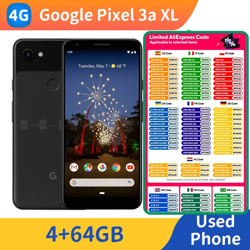 هاتف Google pixel 3a xl 4G Android الذكي ROM 64GB 6.0 بوصة 2160x1080 شاشة 12MP كاميرا هاتف مستعمل