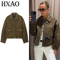 HXAO Chaqueta de ante sintético verde, chaqueta Bomber para mujer, otoño 2025, nuevo en abrigos y chaquetas, bolsillos elegantes y elegantes, prendas de vestir exteriores de manga larga