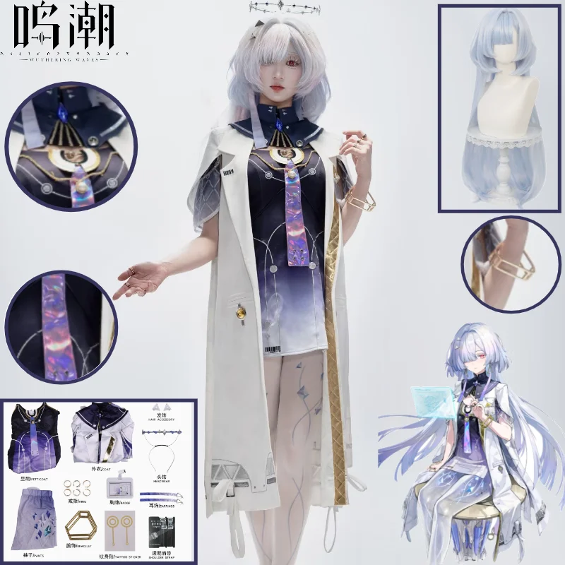 

Wuthering Waves Mornye Cosplay Costume Blue Dress Headwear Wig Badge Props Set Halloween Party Cosplay Game Character Outfit