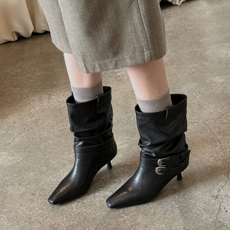 NEW Autumn/Winter Women Boots Split Leather Shoes Square Toe Thin Heel Shoes Slip-on Belt Buckle Short Boots Pleated Daily Shoes