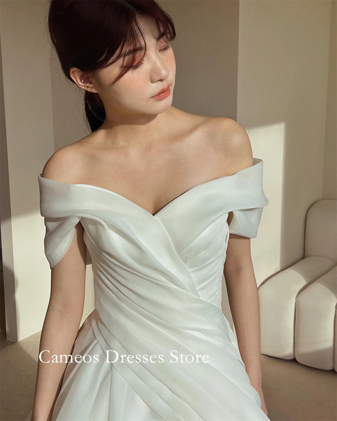 SONDR 맞춤형 오프 숄더 아이보리 반팔 웨딩 드레스 간단한 a 라인 Organza 한국 신부 가운 여성 신부 드레스