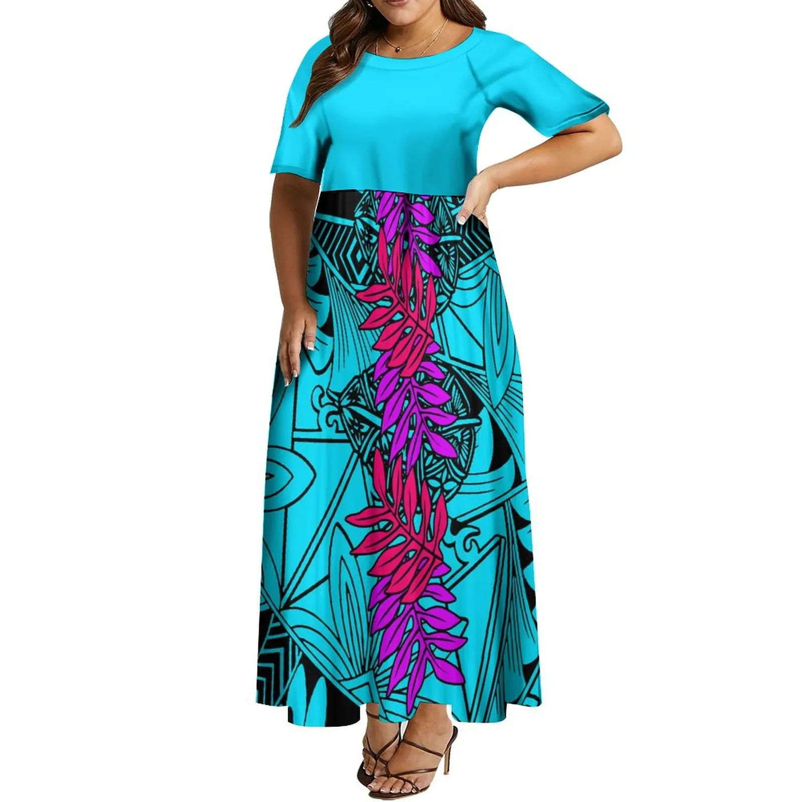 Hot Selling Fashion Short Sleeve Dresses For Women And Aloha Shirts For Men Polynesian Blue Tribal Design Couple Suits