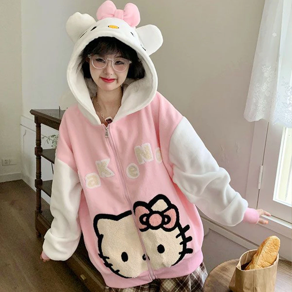 Hello Kitty Kawaii Plush หนาเสื้อผู้หญิง Lambswool Sanrioed อะนิเมะฤดูหนาวผู้หญิงอบอุ่นเสื้อสเวตเตอร์ถัก Hooded Tops หลวมน่ารักหวาน