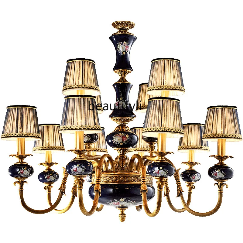 

LBX European-Style Copper Chandelier Living Room Retro Duplex Building Lobby Light French Ceramic Villa Lamp