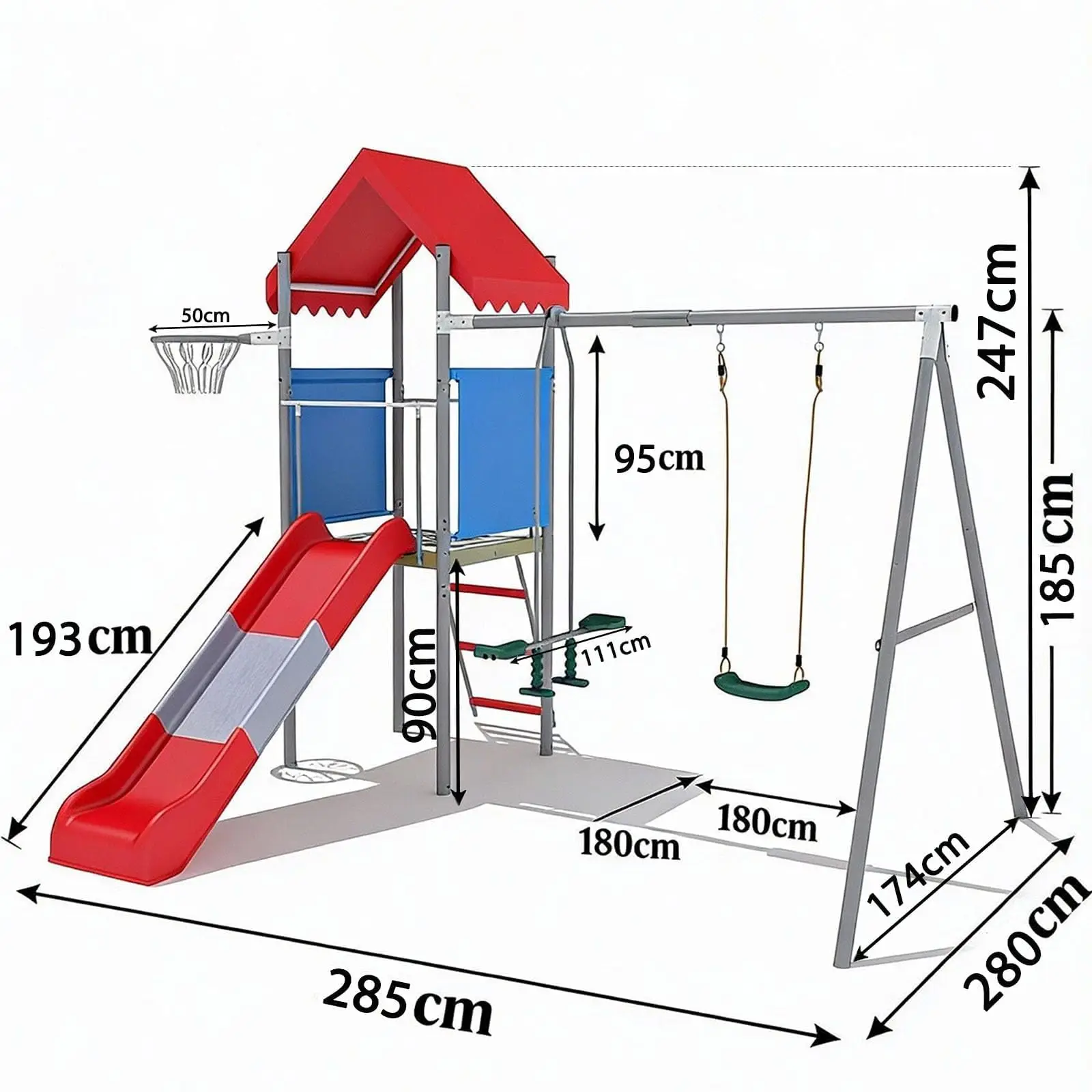 5-in-1 Metal Swing Set With Slide, Canopy Roof, Climbing Ladder, Basketball Hoop And Platform Outdoor Playset For Kids Ages 3-10