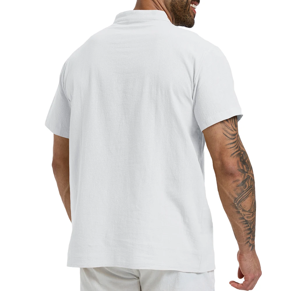 Sommer-Herren-T-Shirt, einfarbig, halb geknöpft, Henley-Ausschnitt, lässige Kurzarm-Oberteile, Baumwolle, Leinen, bequem, leicht, klassische T-Shirts – Detail 3