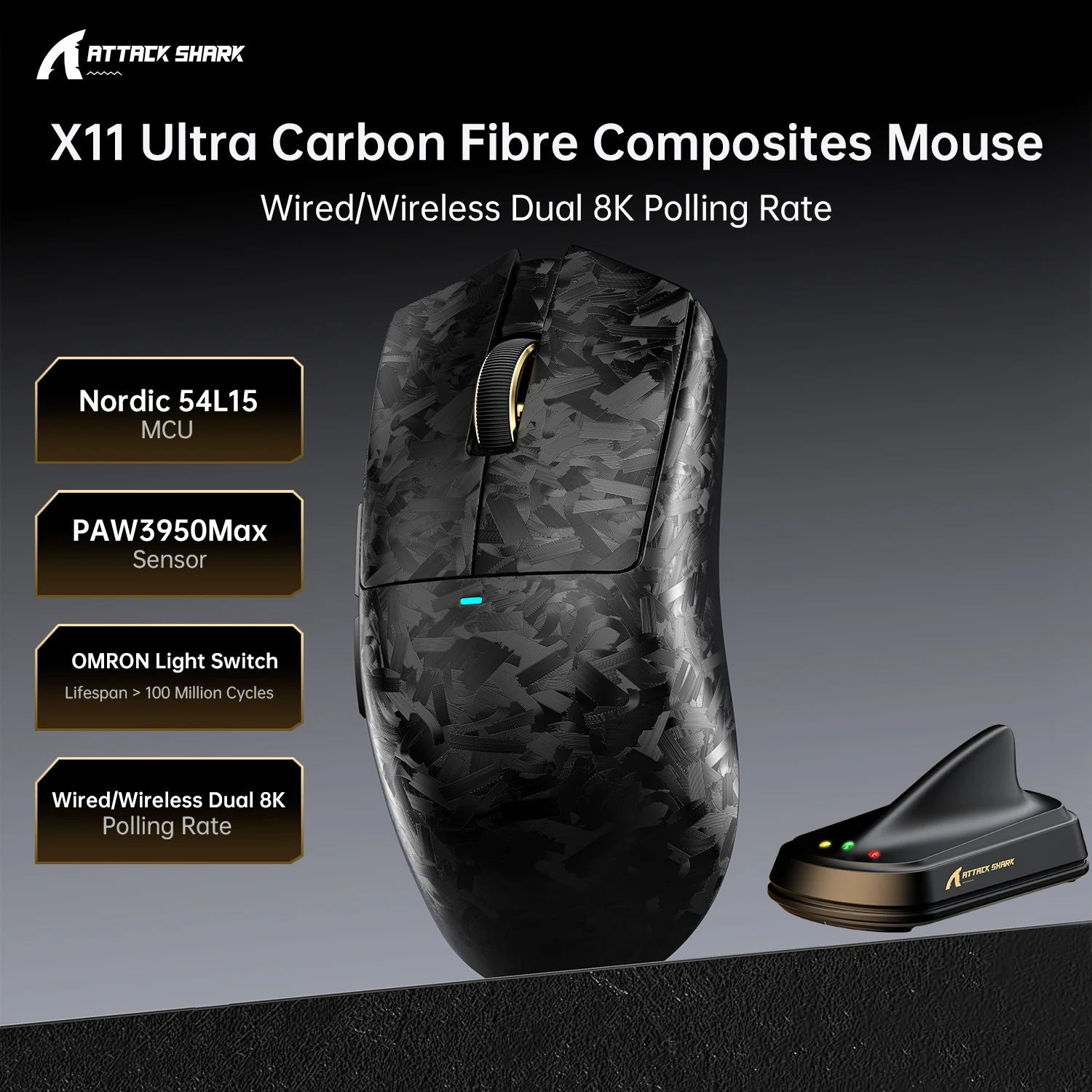 ATTACK SHARK X11 ULTRA Carbon Fiber Wireless 8K PAW3950MAX Gaming Mouse, 59g SUPERLIGHT, Nano-Metal Ice Coating