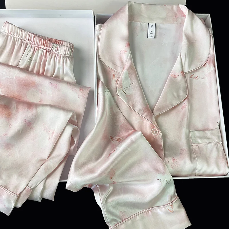 Women\'s Pajamas Set Spring Autumn 2 Piece Print Pyjama Femme Faux Silk Satin Sleepwear Long Sleeve Button Pijama Mujer Homewear