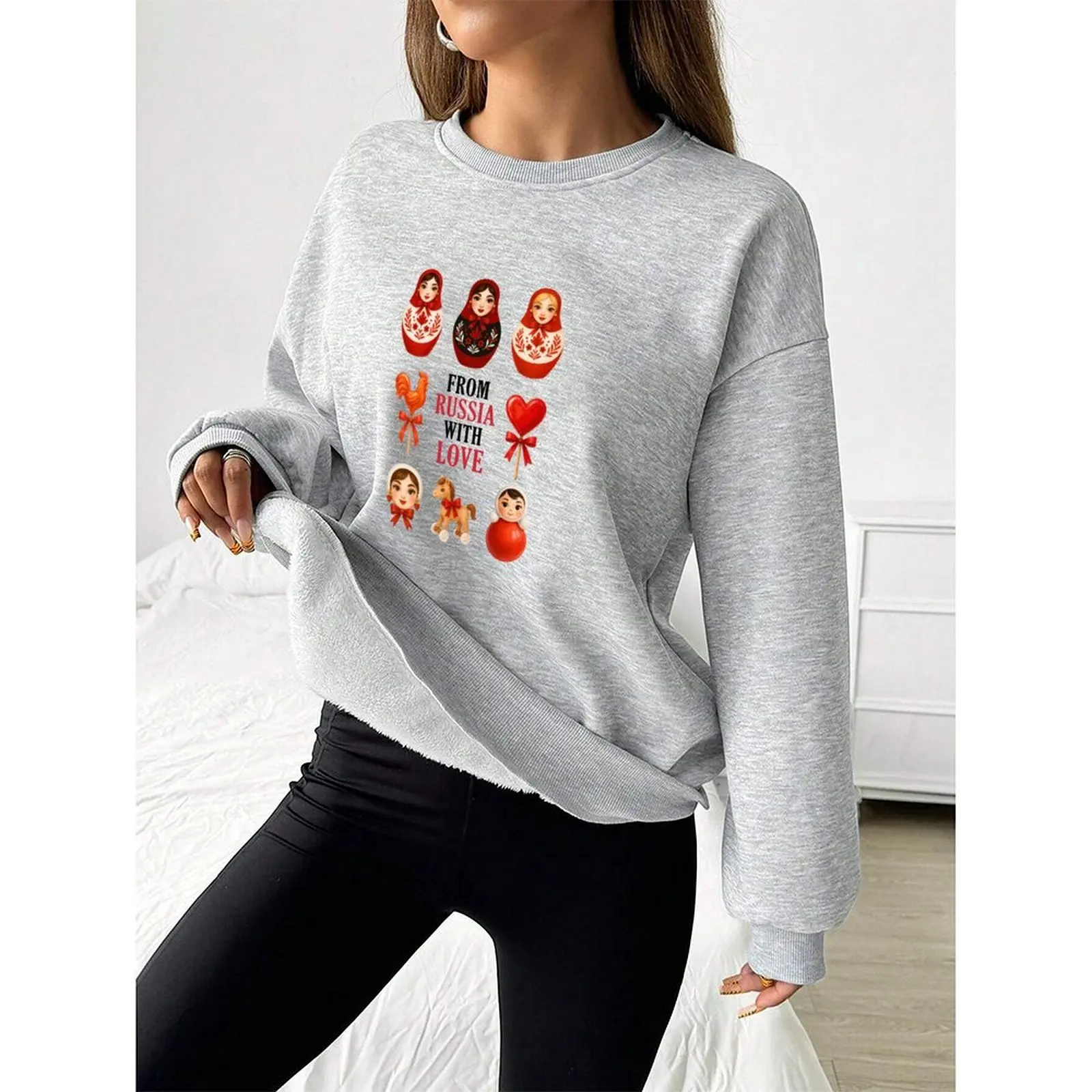 

Пуловеры, толстовки с круглым вырезом для женщин, бархатная зимняя повседневная толстовка с круглым вырезом и длинными рукавами, удобная толстовка с русским узором и принтом