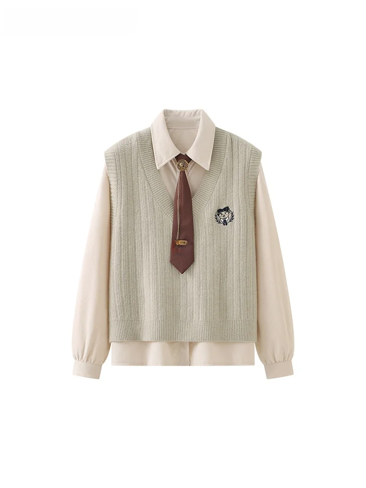 

La Chapelle Casual Classic Corduroy Knitted Embroidered irt Collar Vest Set Women's New Sle Comfortable Wear Resistant