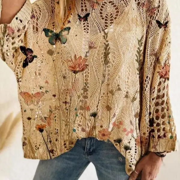 

2025 New And Flower Print Long Sve Hollow out Women's Faion Knitted Sweater Ci Walk Suitable Ne Design