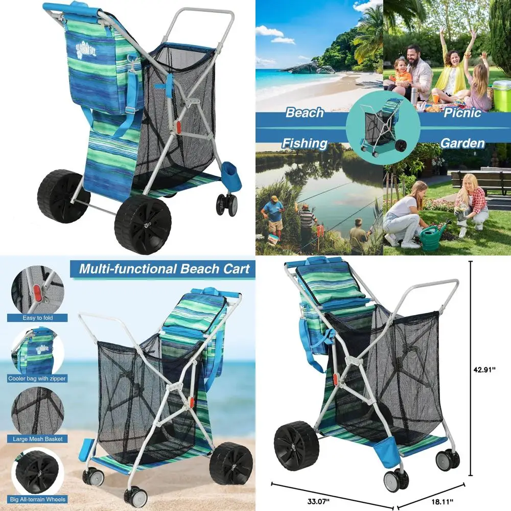 

Складная пляжная тележка с большими колесами для песка, холодильника и держателя зонтика, грузоподъемность 100 фунтов, вездеход, темно-синие полосы
