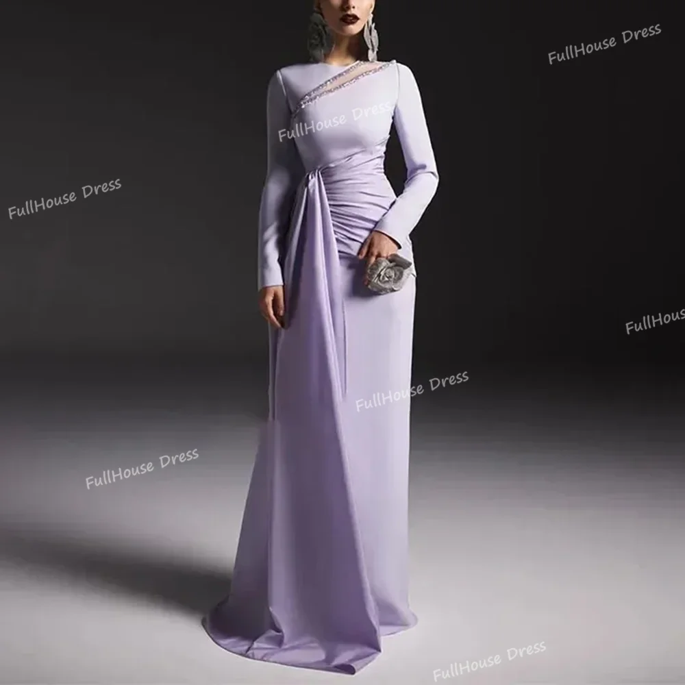 

Custom Made Graceful O-neck Long Sleeve Pleated Bridal Evening Gown Sexy Sheath Floor Length Beaded Prom Dress with Sweep Court