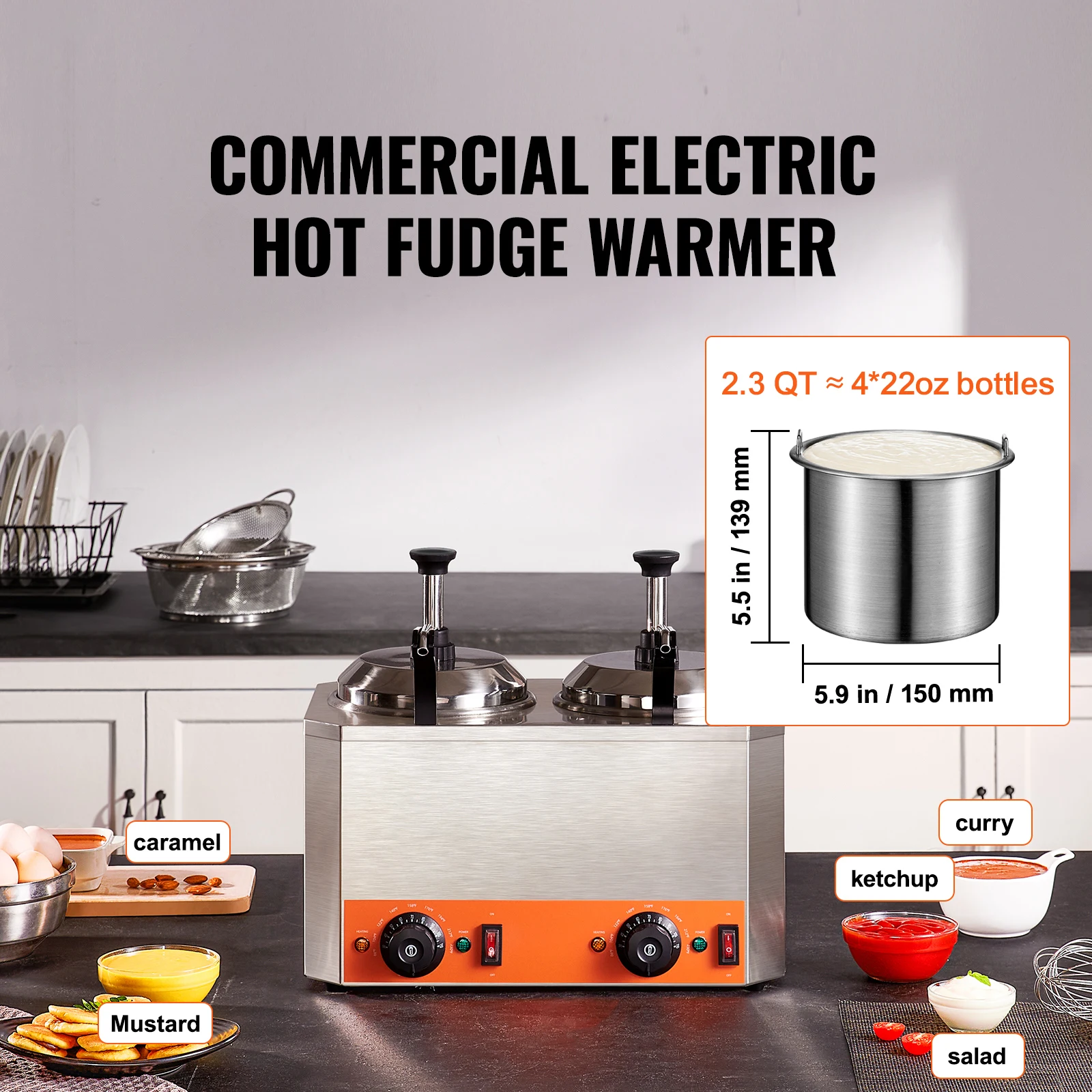 SucceBuy Electric Cheese Dispenser with Pumps 2.3x2 Qt Commercial Hot Fudge Warmer 86-230℉ Temp Adjustable Nacho Cheese Warmer.