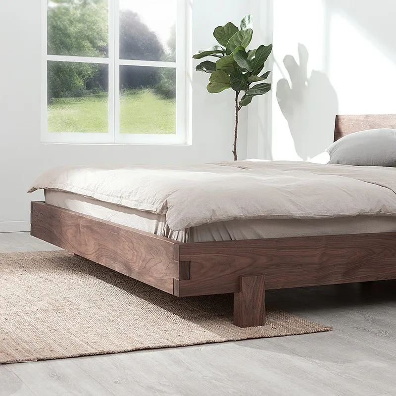 Tempat tidur ganda kayu solid Nordik, kayu walnut hitam modern sederhana, kayu oak mewah ringan, tempat tidur ganda kayu ceri untuk pernikahan