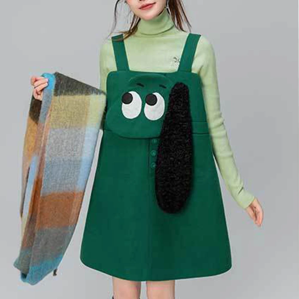 

Mori girl cute cartoon pocket woolen strap skirt 2026 autumn and winter foreign style sleeveless woolen dress cute