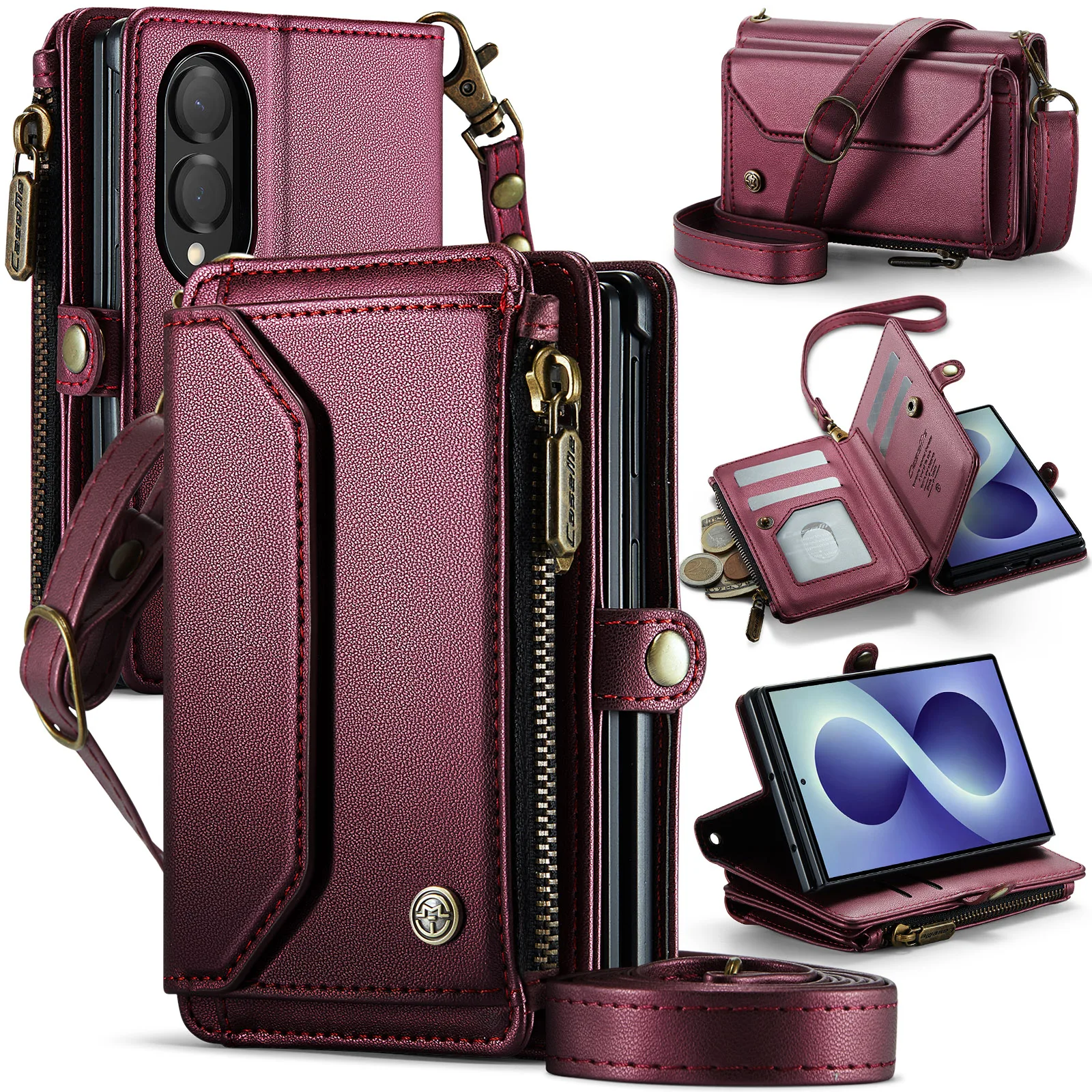 Crossbody Lanyard Leather Zipper Flip Card Holder Slot Wallet Case For Samsung Galaxy Z Fold 8, Kickstand Protection Phone Cover
