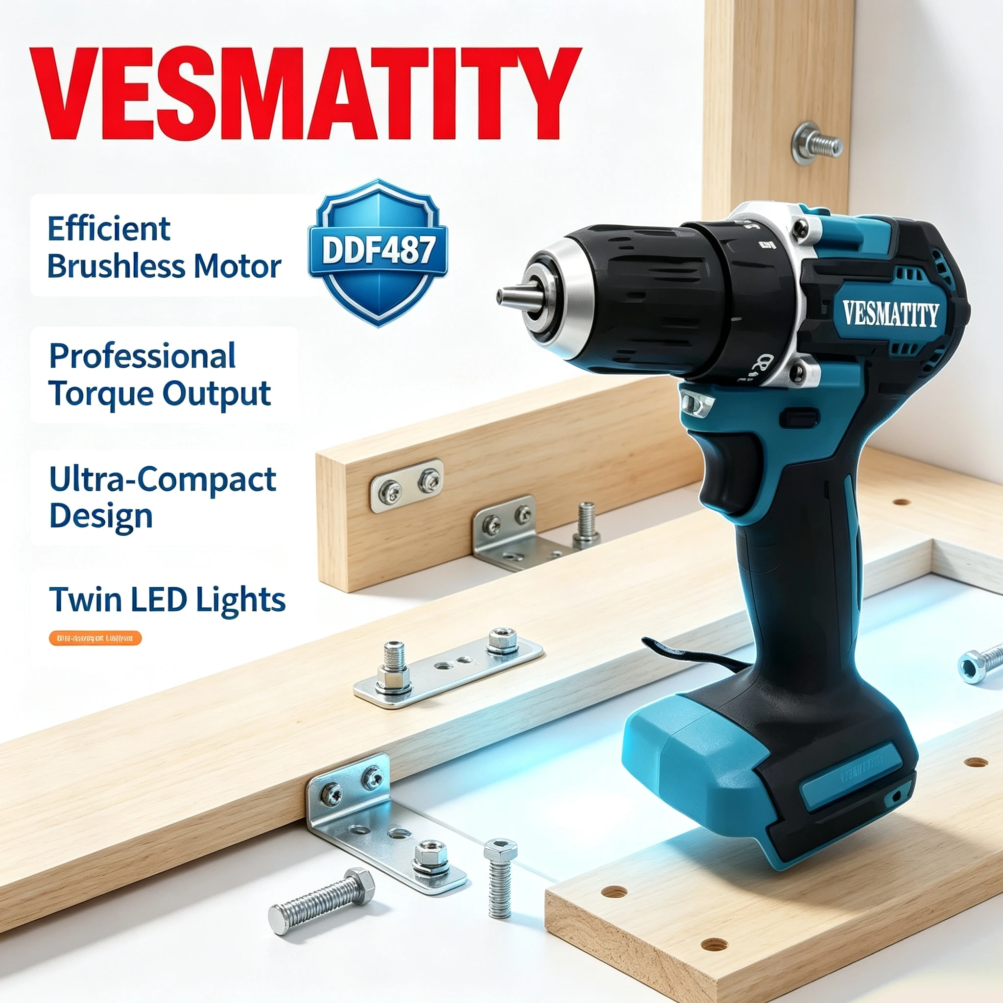 Vesmatity DDF487 Compact Brushless Impact Driver Drill High Torque Screwdriver for 18V Battery Household Tool System Use