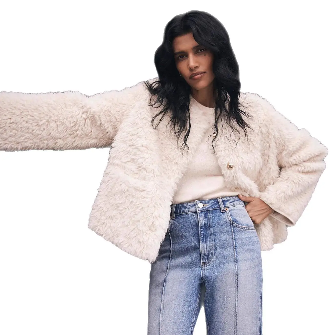 Damska zimowa ocieplana puszysta bluza codzienna luźna biała delikatna elegancka jednolita luźna odzież wierzchnia dla kobiet w średnim wieku