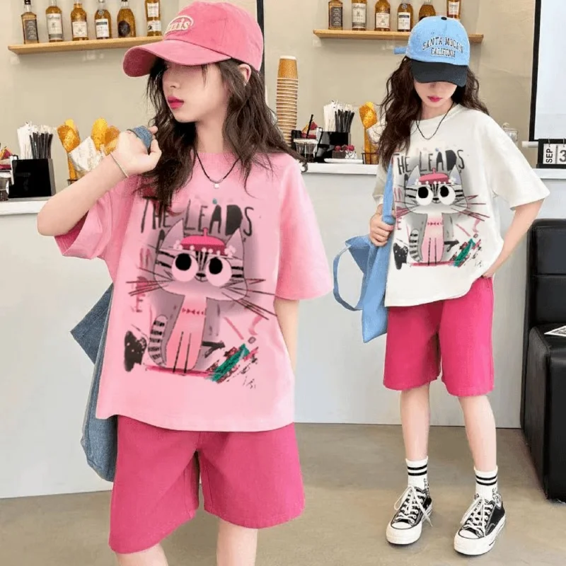 

Summer 2026 Girls Clothes Sets Outfits Kids Baby Short Sleeves T-Shirt + Loose Shorts 2PCS Children Clothing Suits 8 10 12 14 Y