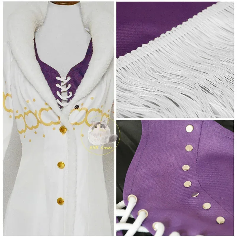 Uniforme de vestido morado de anime de Nicole Robin con cuello largo de piel, capa blanca y traje de sombrero, adecuado para Halloween y Navidad