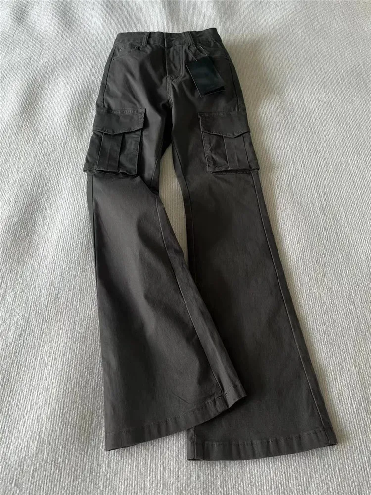 

American Retro Grey Flared Jeans Women's Spring Autumn High Waist Slim Multi Pocket Tall Extended Workwear Pants