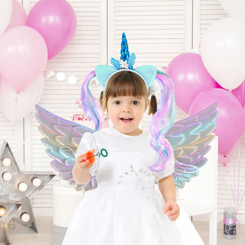 Girls Unicorn Wig Cute Hairband Children Unicorn Headband Rainbow Wings For Kids Photo Props Birthday Party Hair Accessories