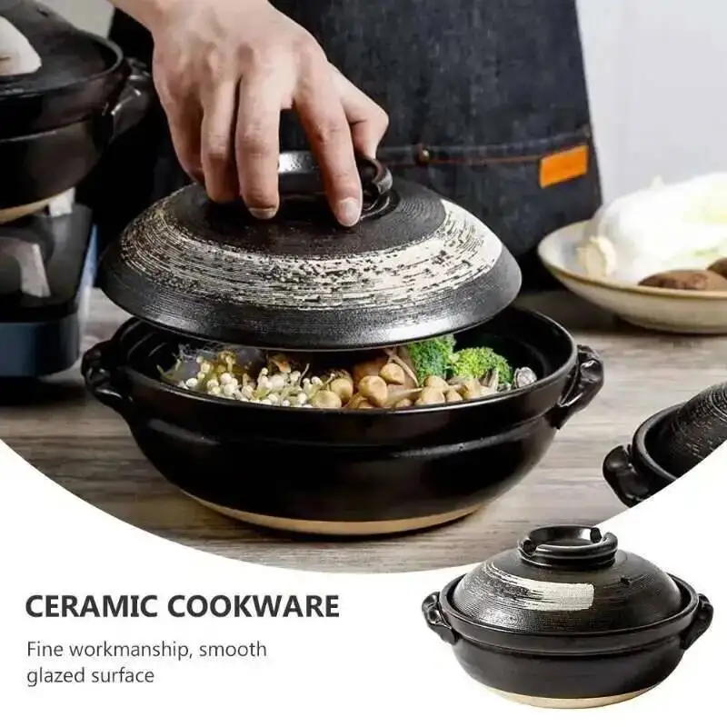 0.9L Ceramic Clay Pot Cooking Casserole Japanese Stew Soup Pot With Lid Earthenware Hot Pot Stockpot Dish Pan Cookware Stock Pot