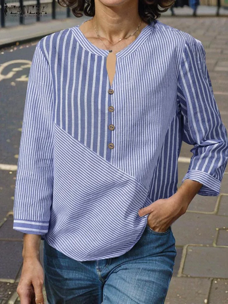 2024 ZANZEA Frauen Blusen Sommer Herbst Streifen Hemd Elegante V-ausschnitt 3/4 Hülse Arbeit Tops Tunika Mode Lässig Patchwork Blusas