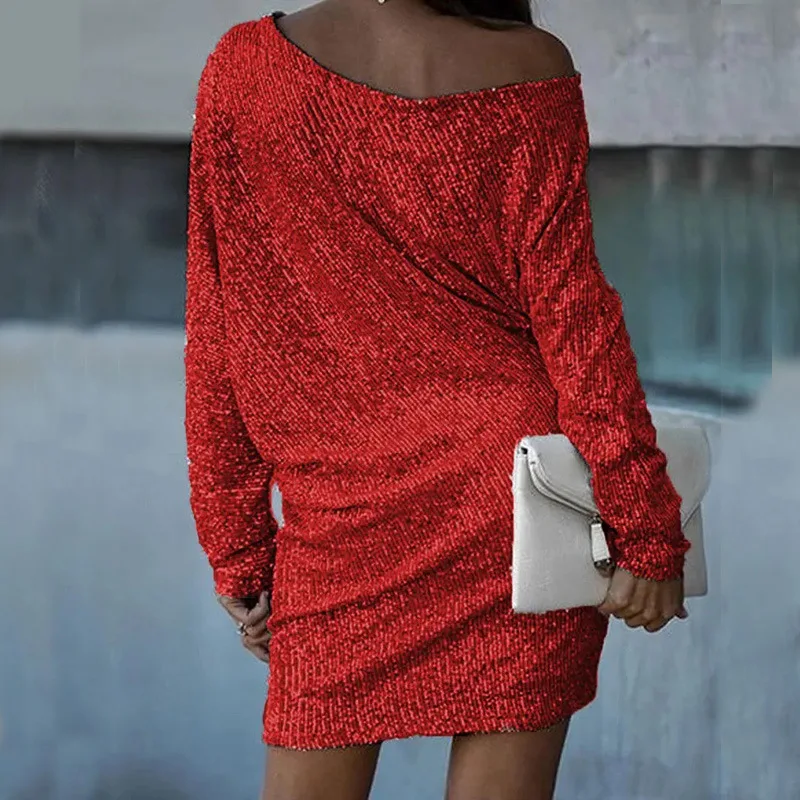 Sexy Slim-Fit Sequined Mini Dress 2024 Autumn and Winter New Dress Women Long Sleeve One Shoulder Skew Neck Party Formal Dresses