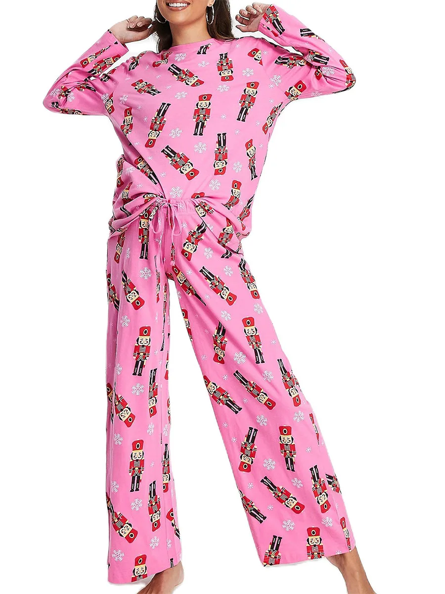 Women 2 Piece Pink Pajamas Set Nutcracker Print Long Sleeve Crewneck Shirt Tops Lounge Pajamas Pants Pj Sleepwear Nightwear