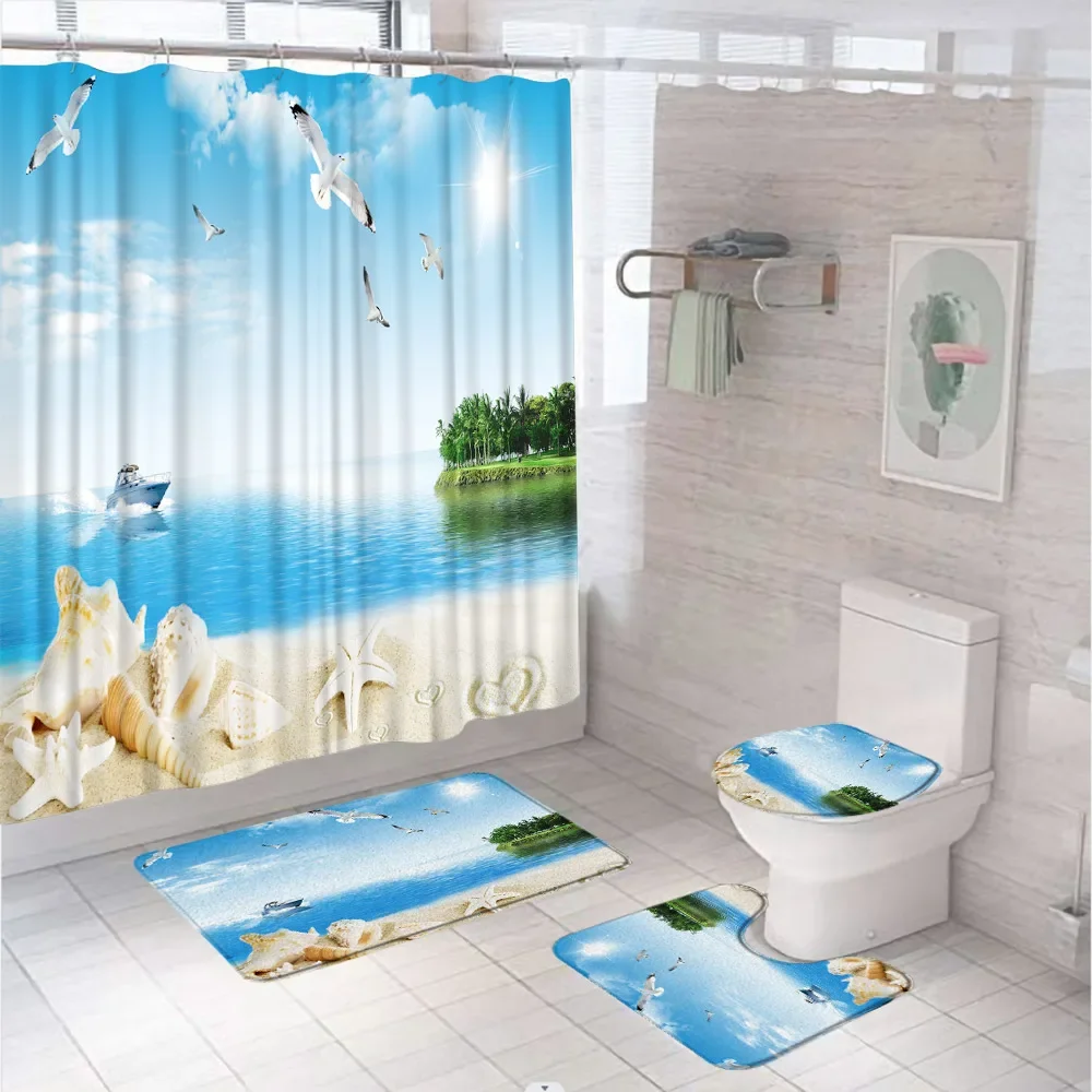 Ocean Scenery Starfish Shower Curtain Sets Tropical Sea Palm Trees Beach Chair Bathroom Screen Bath Mat Rug Carpet Toilet Cover