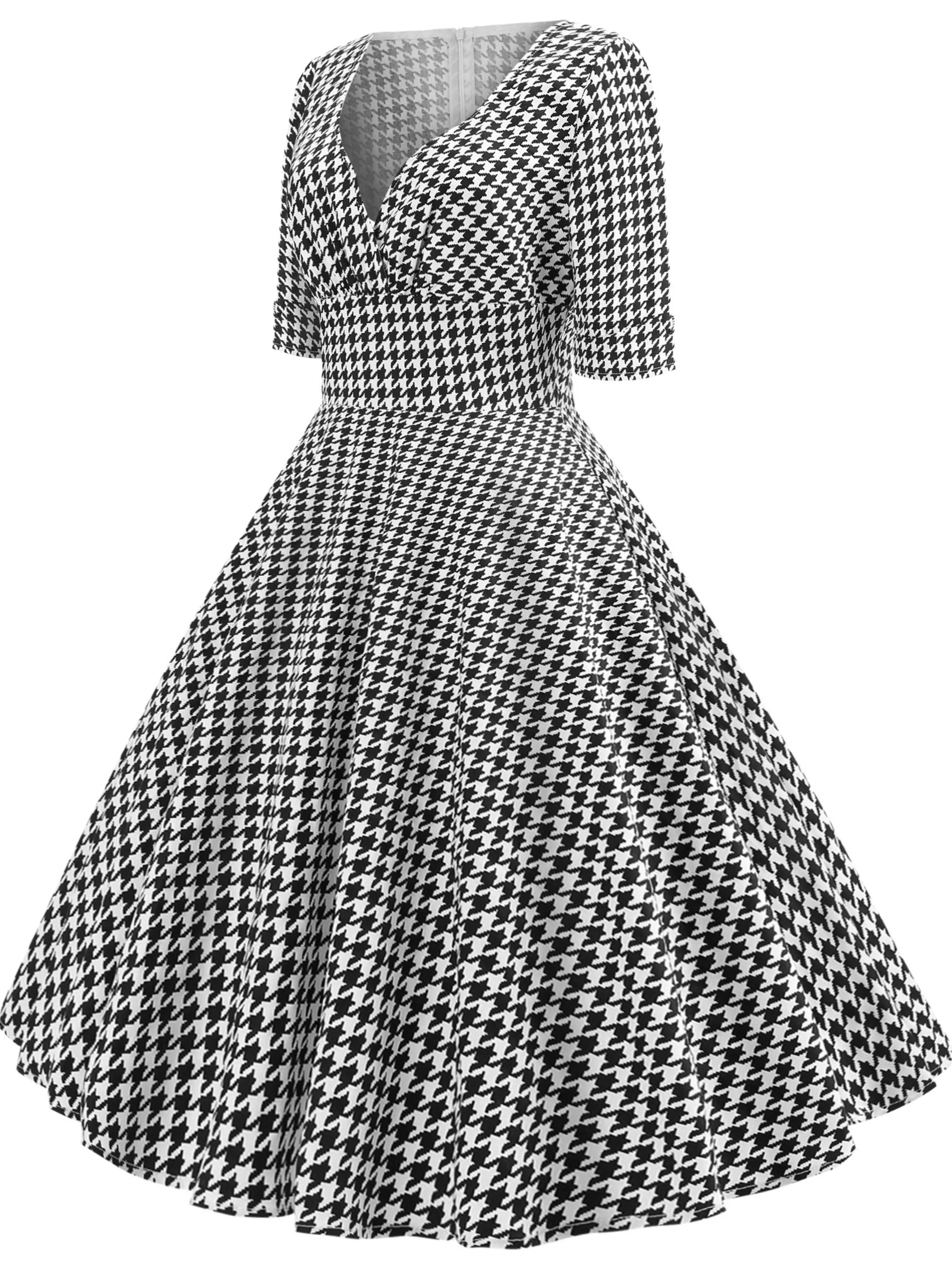 Elegant Vintage-Inspired Houndstooth Print Dress with V-Neck and Half Sleeves - Cotton Blend, Machine Washable