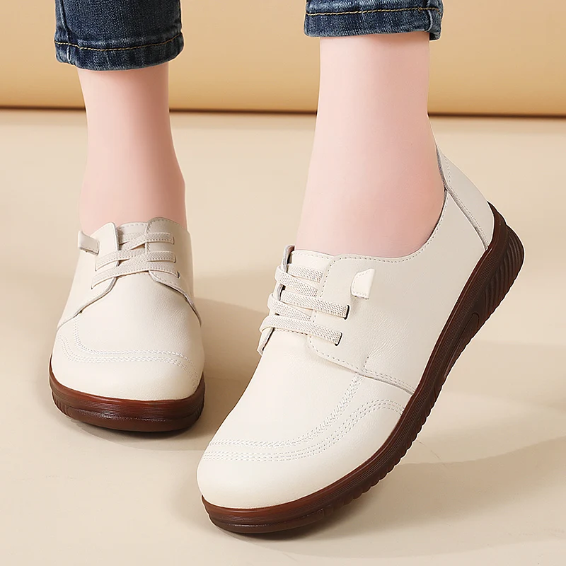 حذاء بدون كعب نسائي، حذاء مشي خفيف الوزن للربيع والصيف، حذاء كاجوال مسطح مسامي، حذاء جلد طبيعي 100%