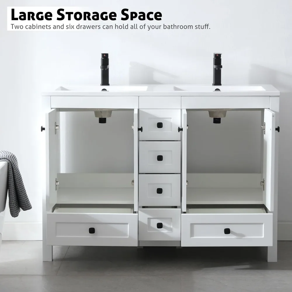 48” Bathroom Vanity, with Sink,with 2 Resin Basin Sinks Top, Faucet and Drawers,  Modern Painted Bathroom Storage Cabinet