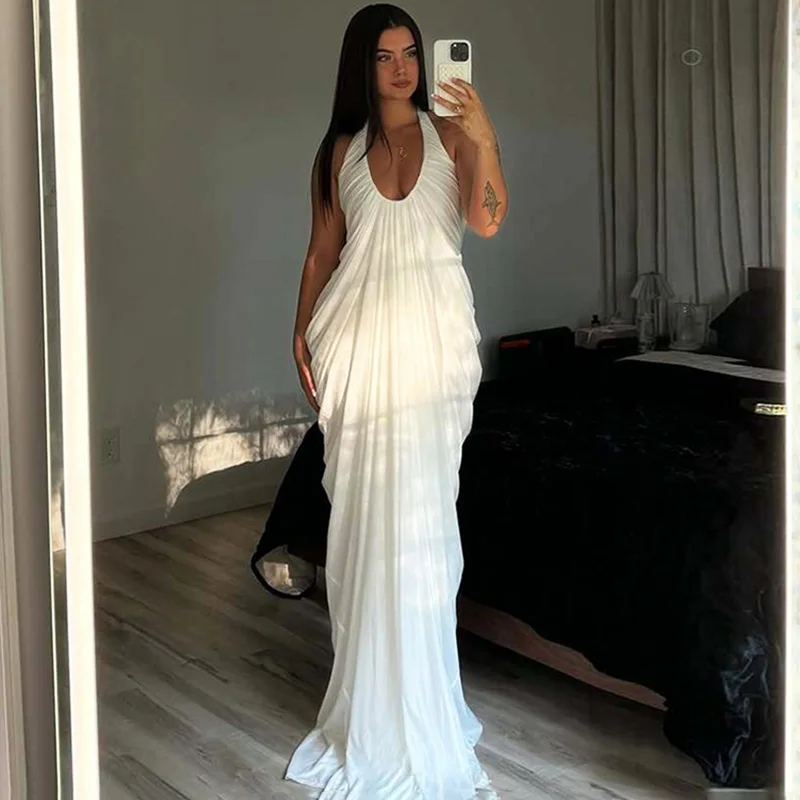

Ticketsx Sexy V-neck Backless Dress Elegant White Ruched Slim Halter Maxi Dress Fashion New Women Party Clubwear Evening Dress