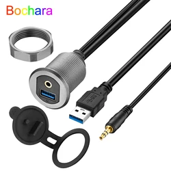 Bochara Dashboard USB 3.0+3.5mm Jack Male to Female Extension Cable Flush Mount Panel Aluminum Alloy with indicator light