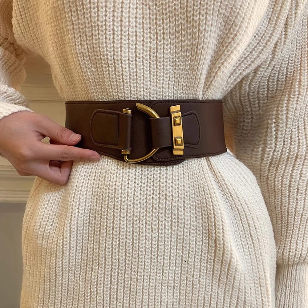 Vintage-Style Rivet Buckle Wide Belt, Elastic Design, Lightweight Material, Suitable for Dresses, Coats, Suits, Waist Cinchers, One-Size-Fits-All