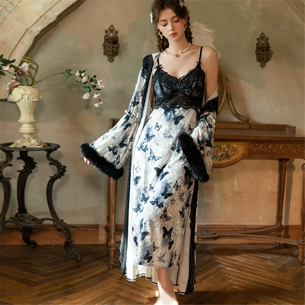 

Butterfly Print Gold Velour Robe Gown Warm Velvet Sleepwear Lady Sexy Spaghetti Strap Homewear Plush Cuff Kimono Pajamas