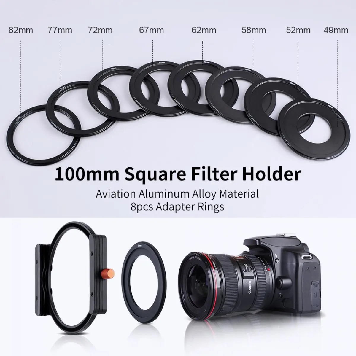 K&F Concept 100mm Square Filter Holder with 49-82mm Fliter Adapter Rings Aluminum Filter Holder NANO-X Series