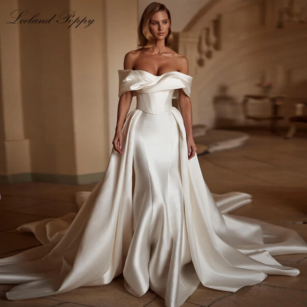 

Lceland Poppy Customized 2 Pieces Mermaid Wedding Dresses Floor Length Mikado Satin Bridal Gowns with Detachable Train