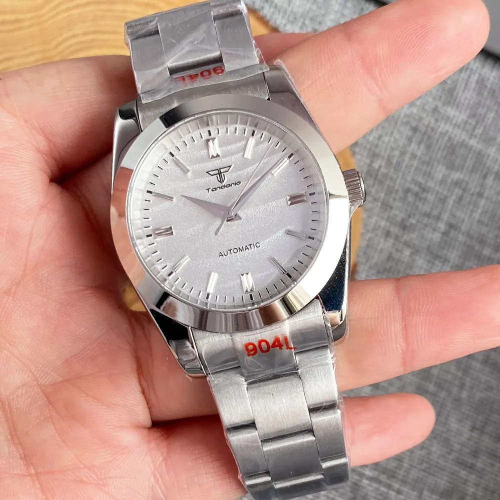 Tandorio Sand Dune NH35 PT5000 Steel Mechanical Watch Men Silver Hand Polish Bezel 36mm 39mm Glide Lock 904L Bracelet Relogios