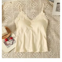 Women Sleeveless Tank Tops Solid Color Korean Version V Neck Slim Fashion Lace Stitching With Chest Pad Camisole 4