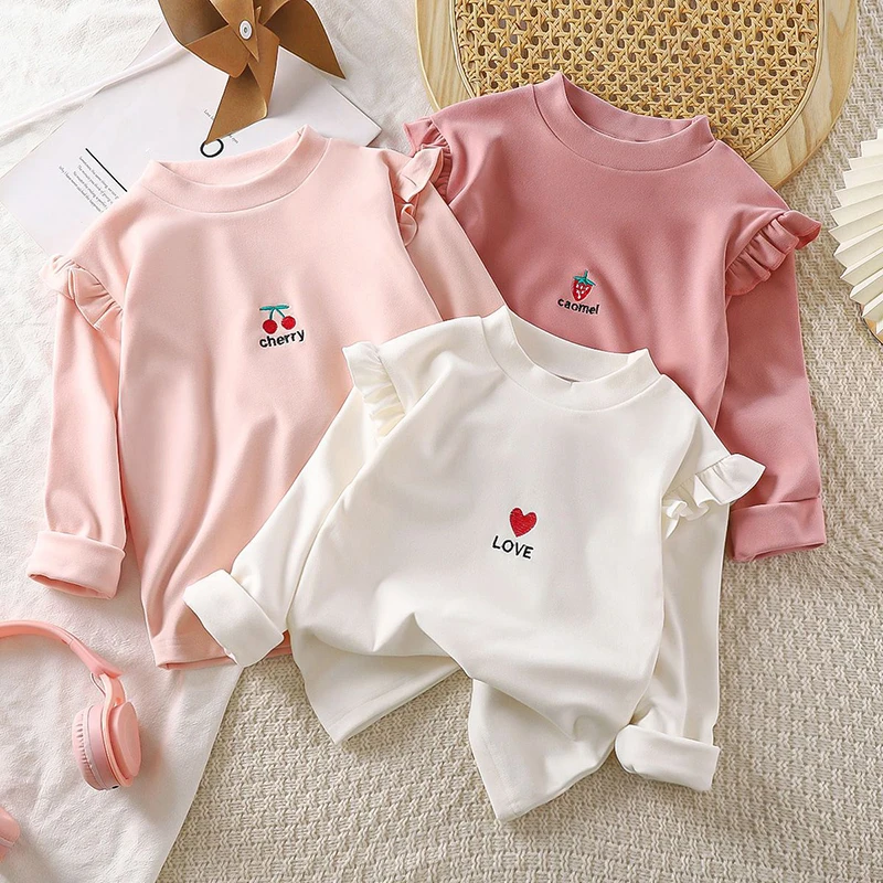 Cute Cherry Flower Shoulders T-shirts for Kids Girls Spring Autumn Soft Long Sleeves T-shirts for Children Princess Casual Tops