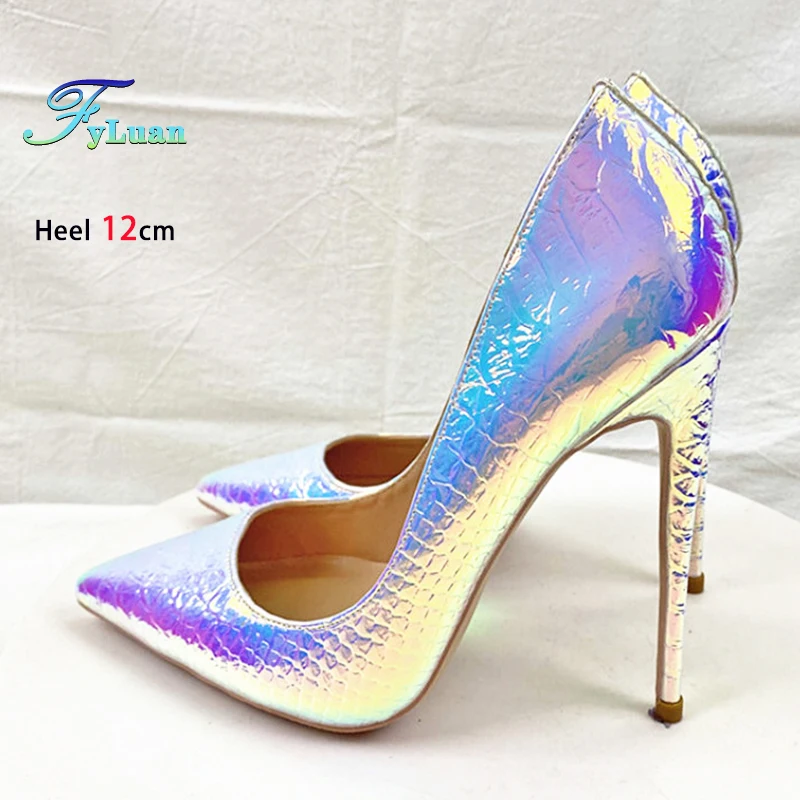 Women Pumps Hologram Laser Pointed Banquet Shoes For Ladies 8CM 10CM 12CM Fashion Snake Print Color-Changing Stiletto High Heels