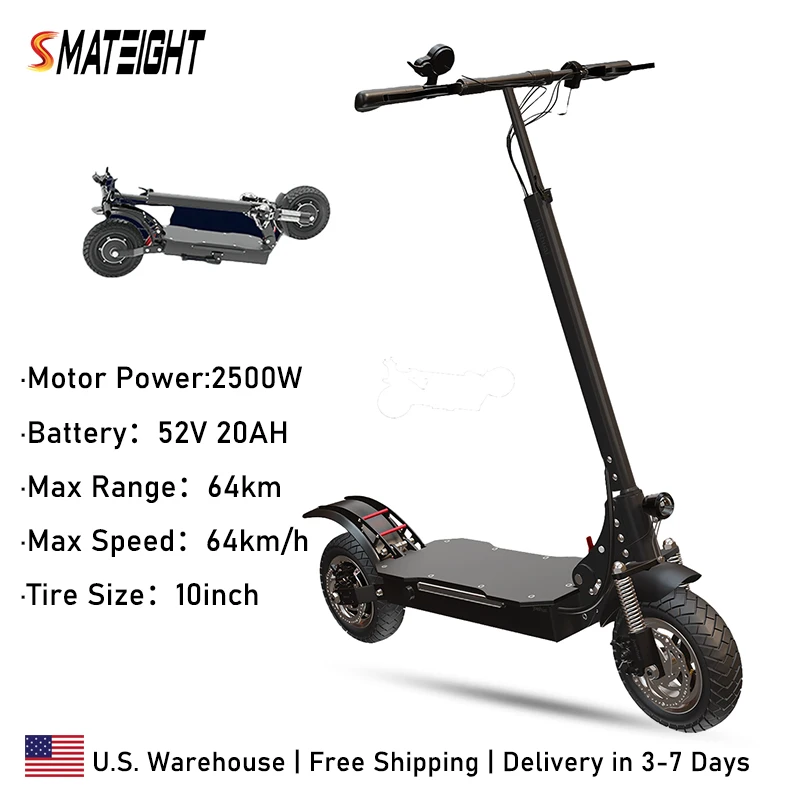 

Electric Scooter Adults 2500W Motor 52V 20AH Lithium Battery E Scooters Dual Spring Absorbers 10'' Tires Scooter