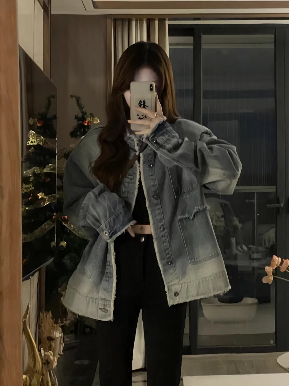 

Women'S Autumn jackets High European American Techwear Bf Punk Sleeves Blue Daily Thickened Sleeved Korean Versatile Clothing