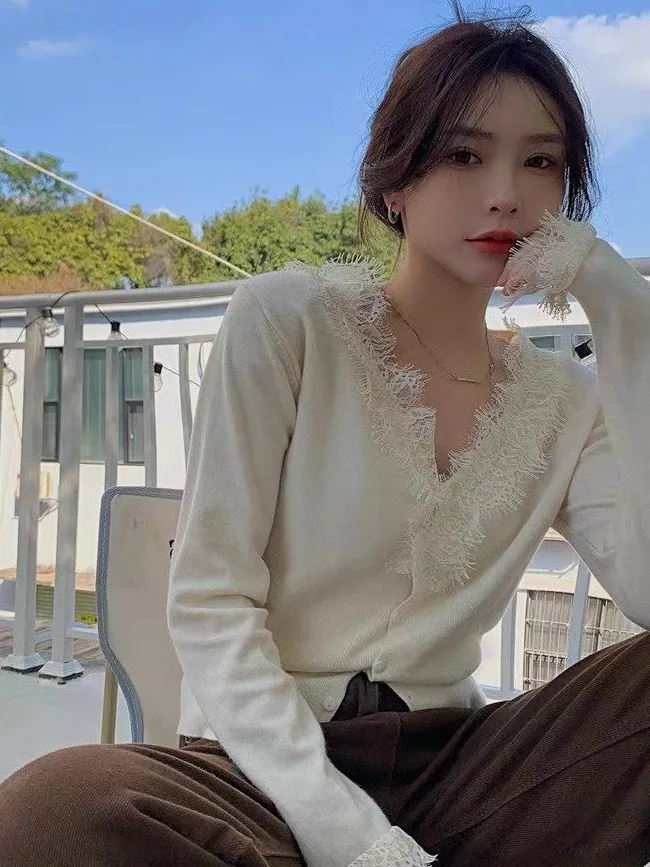 

Ele Кружевная отделка V-Ne Вязаный открытый кардиган Женский осенне-зимний мягкий красивый свитер Base irt Универсальный повседневный...