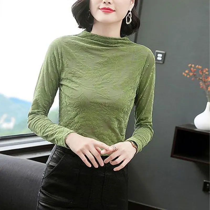 Casual Half High Collar Pullovers Female Clothing Fashion Jacquard Weave Spring Autumn Thin Long Sleeve Sexy Slim Gauze T-shirt