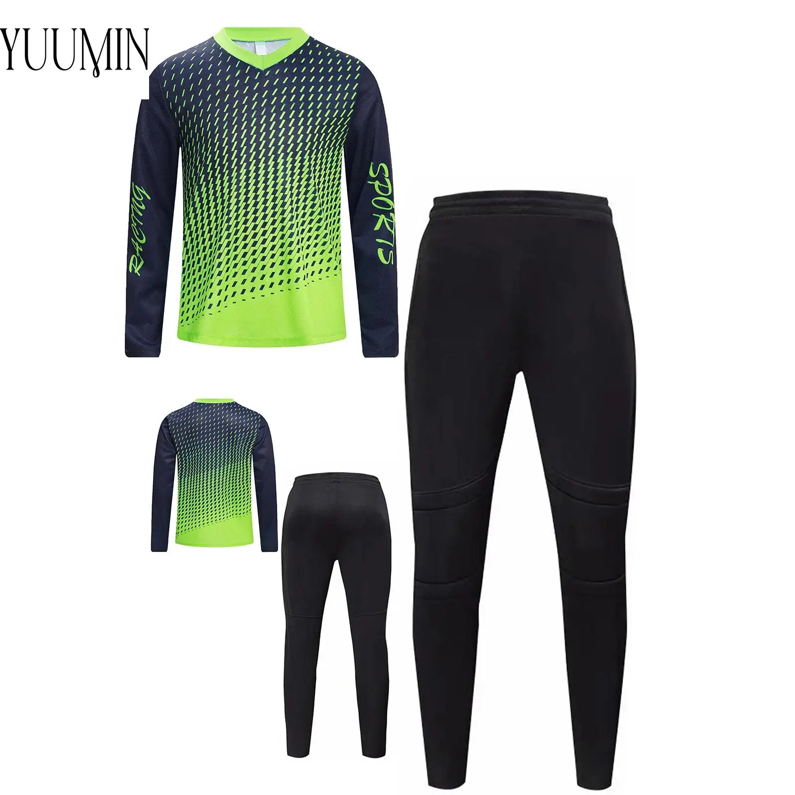 

Child Boys Goalkeeper Uniform Soccer Game Football Training Costume Long Sleeve T-shirt with Protection Pads Pants Sports Wear